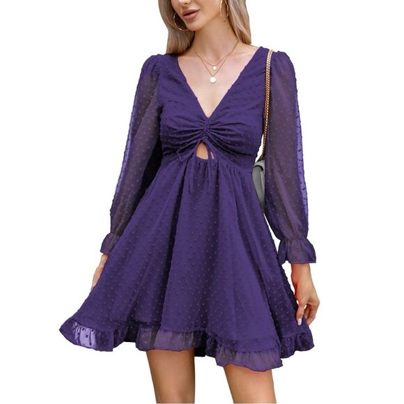 EXLURA NWT Swiss Dot Sheer Puff Long Peasant Sleeve Ruched Front Mini Dress S - Picture 1 of 12